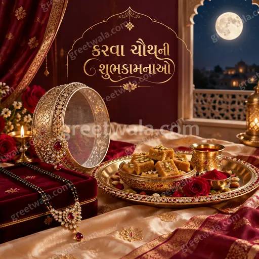 Premium moonlit Karwa Chauth showcase card displaying કરવા ચૌથની શુભકામનાઓ with glowing diyas in elegant maroon and gold.