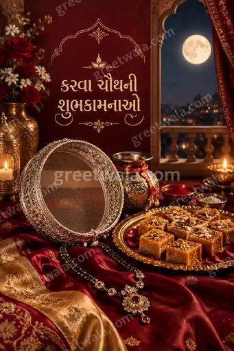 Elegant moonlit Karwa Chauth card in rich maroon and gold displaying કરવા ચૌથની શુભકામનાઓ with graceful festive glow.