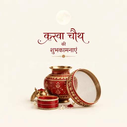 Elegant minimal Karwa Chauth card in soft moonlit tones displaying करवा चौथ की शुभकामनाएं with graceful festive serenity.