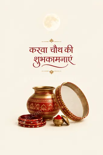 Elegant minimal Karwa Chauth card displaying करवा चौथ की शुभकामनाएं with soft moonlight, diya glow and serene festive charm.