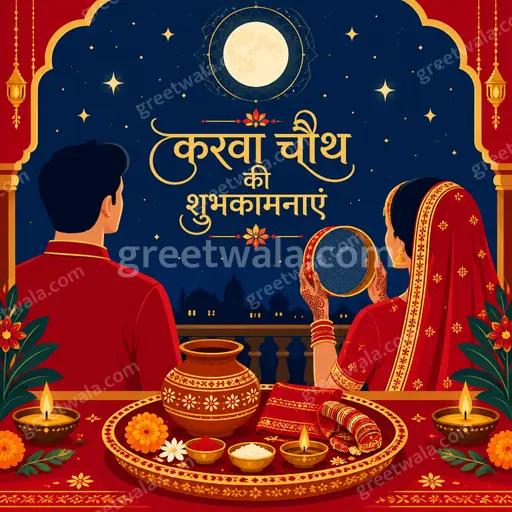 Modern flat vector Karwa Chauth card glowing with festive love, featuring Hindi greeting करवा चौथ की शुभकामनाएं elegantly.