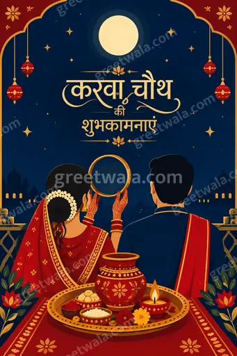Modern flat vector Karwa Chauth card showing करवा चौथ की शुभकामनाएं with moon, diya, and romantic festive glow.