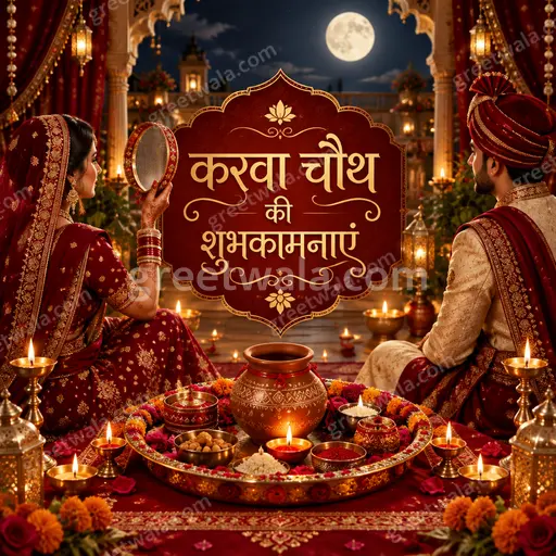Ornate traditional Karwa Chauth card glowing with festive warmth, featuring elegant Hindi calligraphy reading करवा चौथ की शुभकामनाएं.