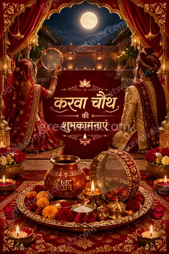 Ornate traditional Karwa Chauth card glowing with festive warmth, featuring Hindi greeting करवा चौथ की शुभकामनाएं in elegant golden style.