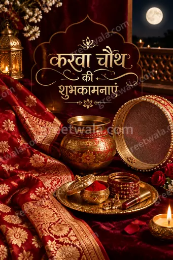 Premium Karwa Chauth card displaying करवा चौथ की शुभकामनाएं with moonlit festive romance in elegant red gold style.