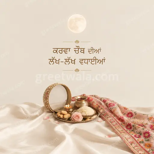 Elegant minimal Karwa Chauth greeting with glowing full moon, delicate sieve, diya light, serene romantic festive mood.