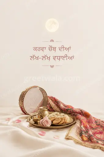 Elegant minimal Karwa Chauth card in soft moonlight tones showing 'ਕਰਵਾ ਚੌਥ ਦੀਆਂ ਲੱਖ-ਲੱਖ ਵਧਾਈਆਂ' with graceful festive serenity.