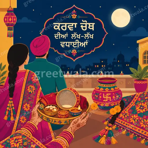 Modern flat vector Karwa Chauth card displaying 'ਕਰਵਾ ਚੌਥ ਦੀਆਂ ਲੱਖ-ਲੱਖ ਵਧਾਈਆਂ' with moonlit festive elegant warmth.
