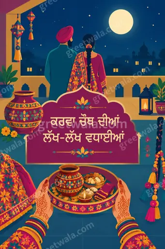 Modern flat vector Karwa Chauth card glowing warmly with moon, diya, and Punjabi greeting in festive elegant style.