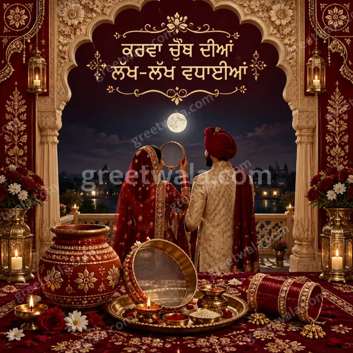 Ornate traditional Karwa Chauth greeting card with festive diyas, moon, and elegant Punjabi calligraphy conveying warm blessings.