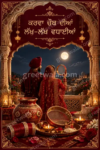 Ornate traditional Karwa Chauth card with warm festive glow displaying ਕਰਵਾ ਚੌਥ ਦੀਆਂ ਲੱਖ-ਲੱਖ ਵਧਾਈਆਂ in elegant gold.