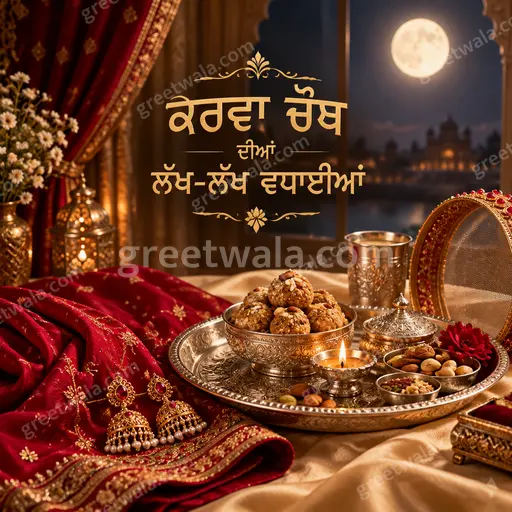 Premium moonlit Karwa Chauth card in rich red and gold displaying ਕਰਵਾ ਚੌਥ ਦੀਆਂ ਲੱਖ-ਲੱਖ ਵਧਾਈਆਂ with festive elegance.