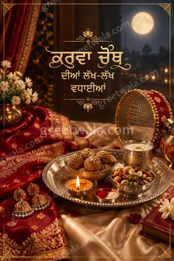 Premium Karwa Chauth showcase card displaying 'ਕਰਵਾ ਚੌਥ ਦੀਆਂ ਲੱਖ-ਲੱਖ ਵਧਾਈਆਂ' with elegant festive moonlit romantic glow.