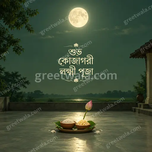 Elegant minimal Bengali Kojagori Lakshmi Puja card with soft moonlight glow, lotus motifs and serene golden festive grace.