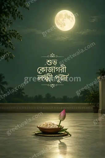 Elegant minimal cream card with golden moon, lotus and diya radiating serene festive devotion for শুভ কোজাগরী লক্ষ্মী পূজা.