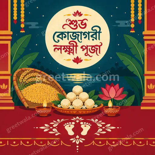Elegant flat vector card with glowing full moon, lotus, diyas and Goddess Lakshmi blessings wishing শুভ কোজাগরী লক্ষ্মী পূজা joyfully.