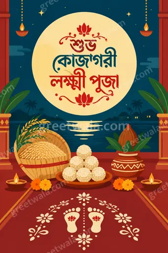 Modern flat vector Bengali card with 'শুভ কোজাগরী লক্ষ্মী পূজা', radiant Lakshmi, lotuses, diyas in festive golden glow.