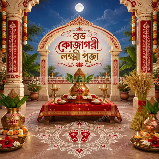 Ornate traditional Bengali Kojagori Lakshmi Puja greeting card with শুভ কোজাগরী লক্ষ্মী পূজা in divine golden festive glow.