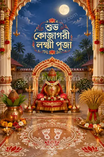 Ornate traditional Bengali card with glowing diyas, lotus, goddess Lakshmi blessings, wishing শুভ কোজাগরী লক্ষ্মী পূজা in festive gold.
