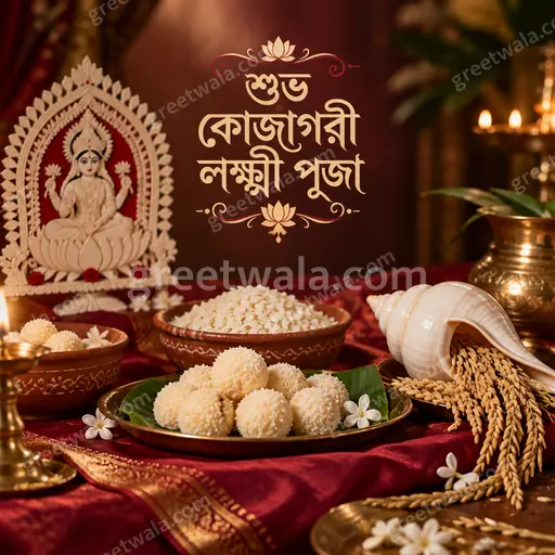 Premium Bengali Kojagori Lakshmi Puja card displaying শুভ কোজাগরী লক্ষ্মী পূজা with divine golden glow and elegant festive serenity.