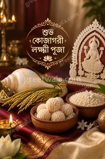 Elegant premium Bengali greeting card radiating divine golden glow, lotus motifs, serene Goddess Lakshmi blessing festive devotion.