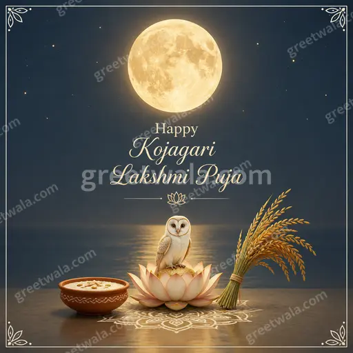 Elegant minimal card glowing with moonlight, lotus motifs and golden accents celebrating Happy Kojagari Lakshmi Puja serenely.