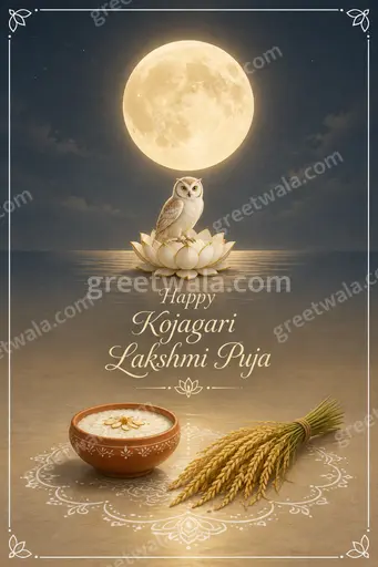 Elegant minimal card displaying 'Happy Kojagari Lakshmi Puja' with moonlit serenity, soft gold lotus accents and peaceful devotion.