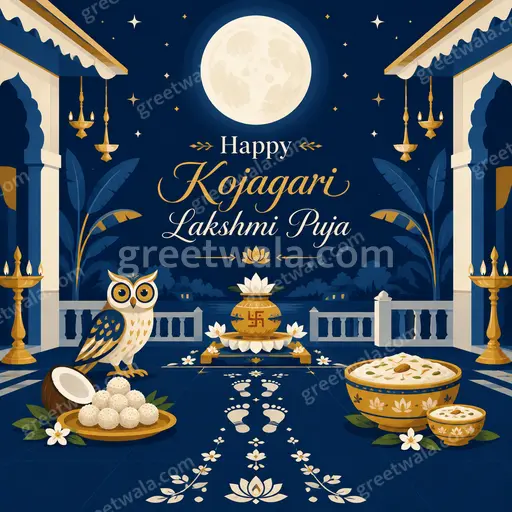 Elegant flat vector card with serene moonlit glow, lotus motifs, and Happy Kojagari Lakshmi Puja greeting in gold.