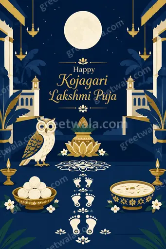 Modern flat vector card with serene moonlit Lakshmi motifs in gold and maroon, featuring Happy Kojagari Lakshmi Puja greeting.