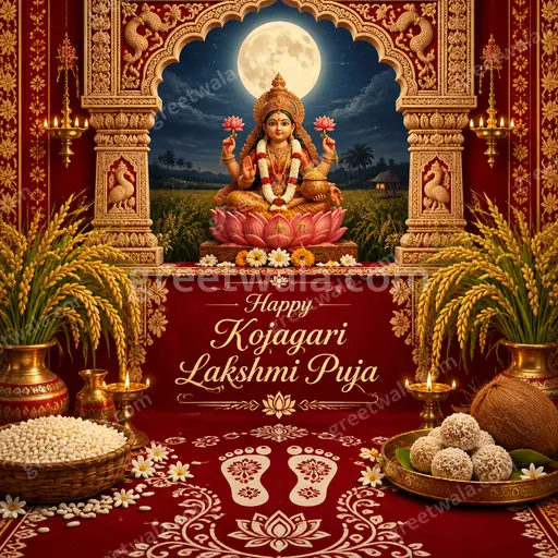 Ornate traditional card with glowing diyas, lotus motifs, and Happy Kojagari Lakshmi Puja in golden elegant lettering.