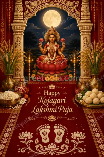 Ornate traditional card bearing Happy Kojagari Lakshmi Puja with glowing diyas, lotus, gold, and serene moonlit blessings.