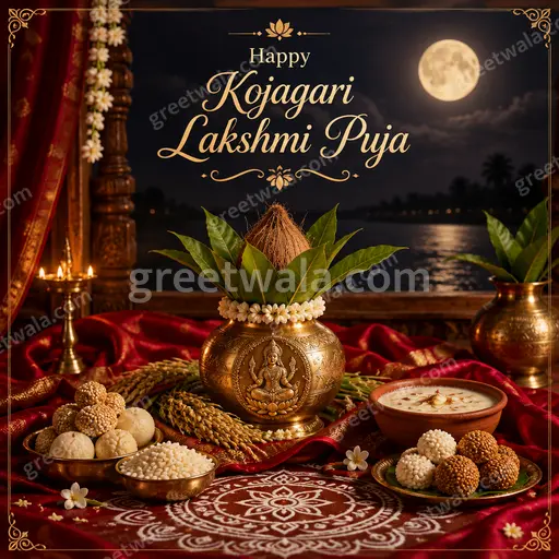 Premium moonlit card displaying 'Happy Kojagari Lakshmi Puja' with radiant Lakshmi, lotuses, diyas, and serene golden glow.