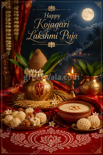 Elegant premium card glowing with moonlit serenity, goddess Lakshmi blessings, golden marigolds, and festive Happy Kojagari Lakshmi Puja wishes.