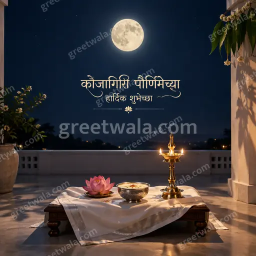 Elegant minimal Kojagori Lakshmi Puja card featuring कोजागिरी पौर्णिमेच्या हार्दिक शुभेच्छा with moonlit serene golden glow.