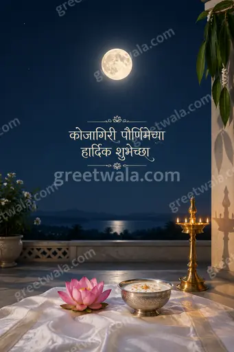 Elegant minimal moonlit card with serene Lakshmi motifs displaying 'कोजागिरी पौर्णिमेच्या हार्दिक शुभेच्छा' in graceful festive warmth.