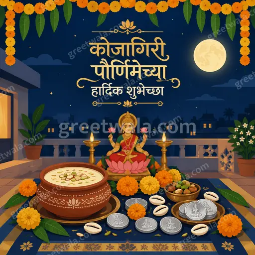 Modern flat vector card featuring radiant moon, Goddess Lakshmi, diyas and lotus with warm festive Marathi elegance.