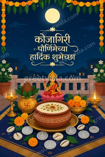 Serene modern flat vector card displaying 'कोजागिरी पौर्णिमेच्या हार्दिक शुभेच्छा' under glowing moon with Lakshmi motifs.