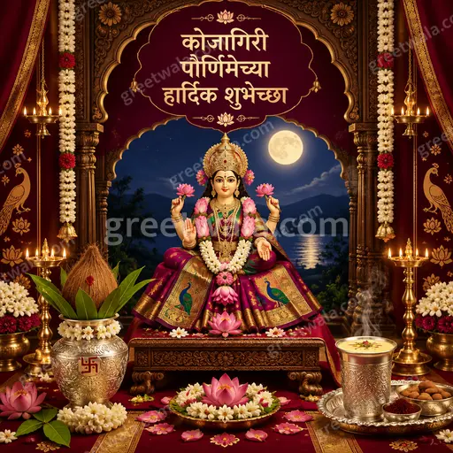 Ornate traditional Marathi Kojagiri Lakshmi Puja greeting card displaying festive wishes under glowing full moon with divine golden elegance.