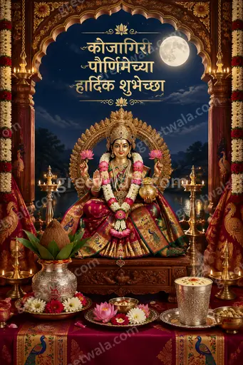 Ornate traditional Marathi card reading "कोजागिरी पौर्णिमेच्या हार्दिक शुभेच्छा" with moonlit Lakshmi and golden festive glow.