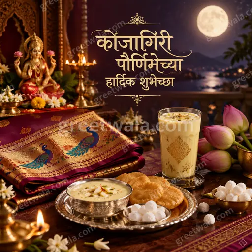 Premium showcase Marathi card displaying कोजागिरी पौर्णिमेच्या हार्दिक शुभेच्छा under luminous moonlit divine golden elegance.