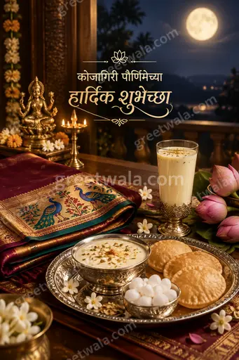 Elegant moonlit premium Marathi card with Goddess Lakshmi, glowing full moon, marigolds, diyas, radiating festive serenity and prosperity.