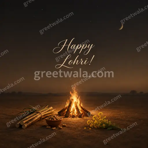 Elegant minimal Happy Lohri card with cozy bonfire motif, warm golden hues and calm festive charm.