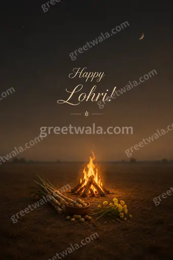 Elegant minimal Lohri card with cozy bonfire glow, soft golden hues and graceful lettering reading Happy Lohri!