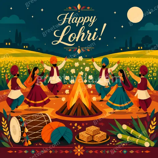 Modern flat vector Lohri card with joyful bonfire glow, festive dancers, warm colors, cheerful mood and Happy Lohri! greeting.