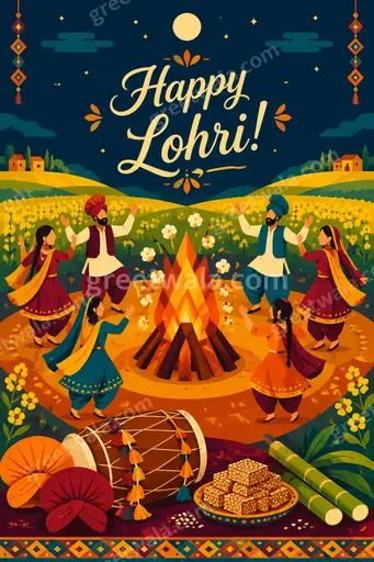 Cheerful modern flat vector card with warm bonfire glow, festive Punjabi motifs, and bold Happy Lohri! lettering.
