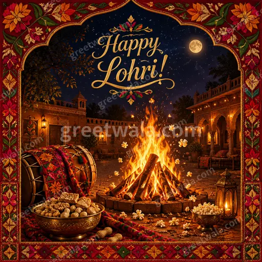 Ornate traditional Lohri card with warm festive glow, bonfire motifs, and elegant Happy Lohri! lettering.