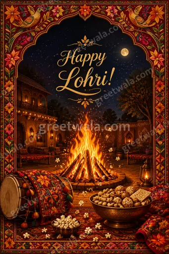 Ornate traditional Lohri card displaying Happy Lohri! with warm festive bonfire glow and elegant cultural motifs.