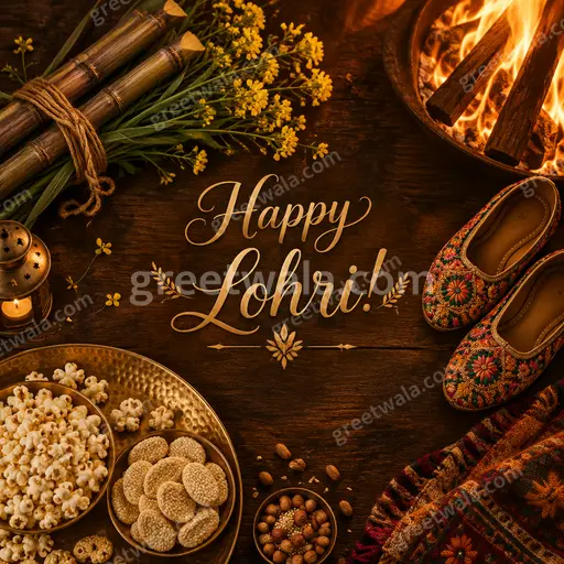 Premium Lohri card with glowing bonfire, festive folk dancers, and elegant Happy Lohri! lettering in warm golden tones.