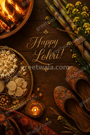 A premium Lohri card with warm bonfire glow, festive folk art, and joyful Happy Lohri! greeting in elegant gold lettering.