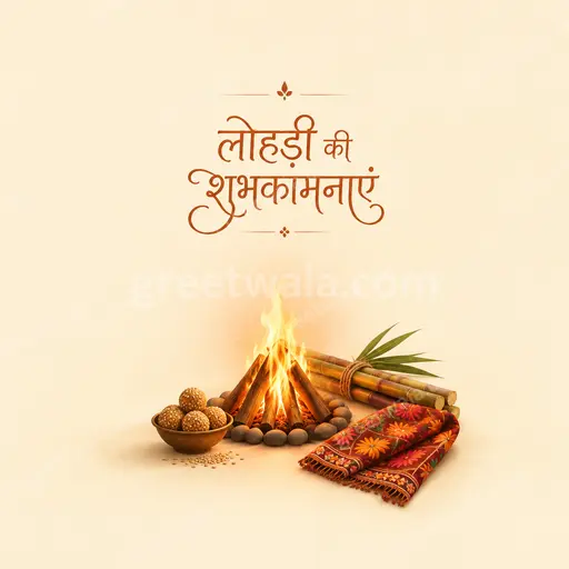 Elegant minimal Lohri card with warm golden bonfire glow displaying लोहड़ी की शुभकामनाएं in graceful Hindi typography.